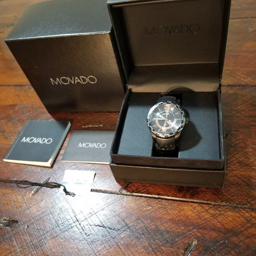 Movado series 800 black leather with rose gold.
